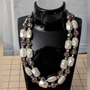 Vintage double strand pearl and iridescent glass necklace